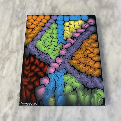 Squiggly Dots; Hand-dotted acrylic flow art on wood canvas.