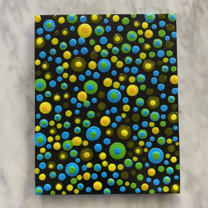 Blob Art; Green, Blue, Orange and Yellow on Black Wood Canvas