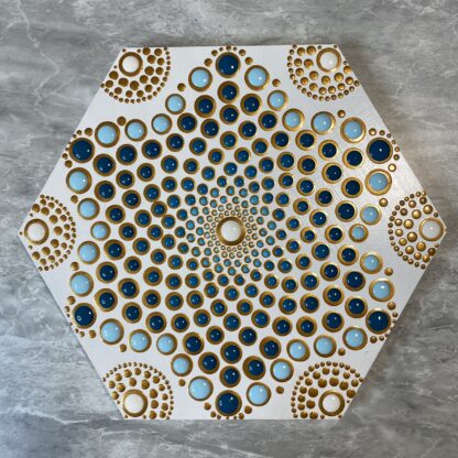 Blob/Dot Art; Hexagon Flower Pattern in Gold & Turquoise