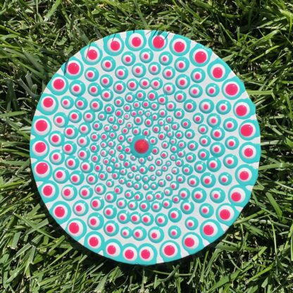 Dot Art; Turquoise, White and Neon Pink on Round Canvas