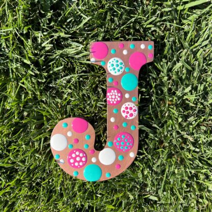 Alphabet Letter J - Blob Art in Hot Pink, Tiffany Blue and White on Rose Gold Base