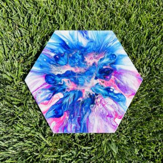 Hexagon Abstract Painting - Acrylic Pour in Turquoise, Violet, Pink & Blue