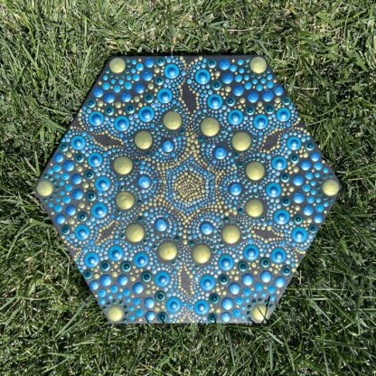 Shades of Blues and Golds Hexagon Dot Painting